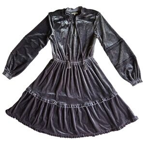 Kate & Sam Velvet Dress‎ Size Small Gray Midi Tiered Ruffle Romantic Holiday
